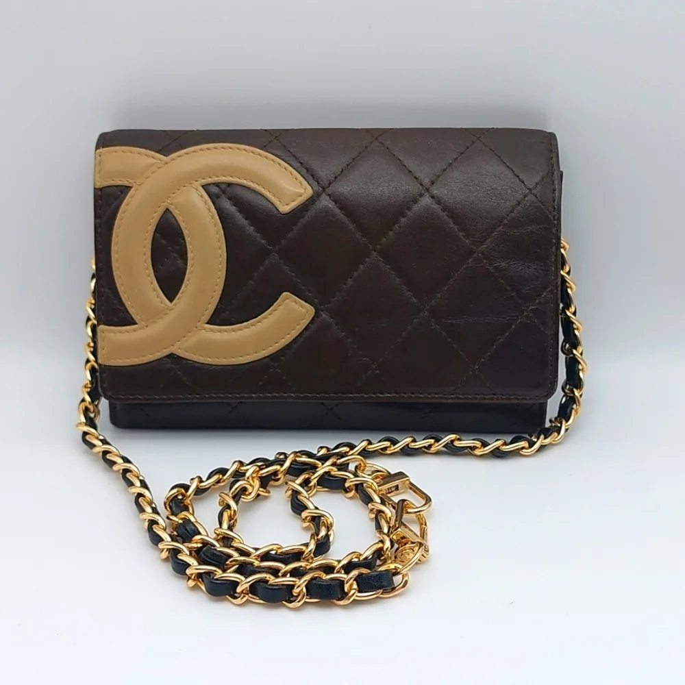 CHANEL Black & Tan Quilted Wallet-on-Chain with Gold Chain